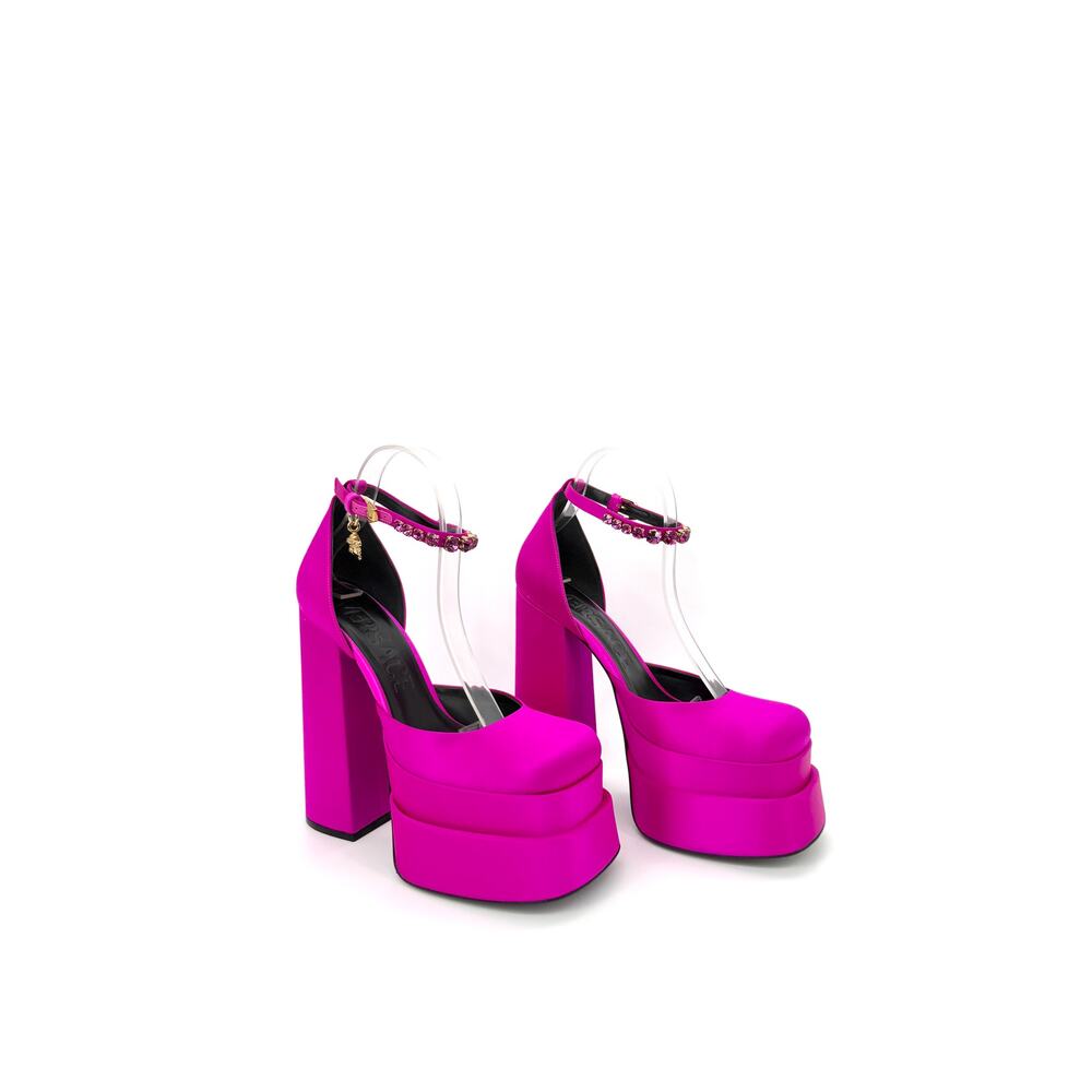 Versace Aevitas Platform Pumps 39.5 US 9.5 Pink Fuchsia Satin Crystal NIB $1575